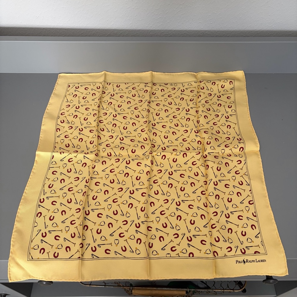 Vintage Polo Ralph Lauren Pocket Square Yellow Silk Mallets & Horseshoes RARE